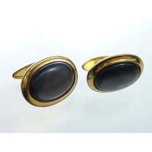 Vintage Black Gray Cats Eye Gold Tone Tuxedo Cufflinks